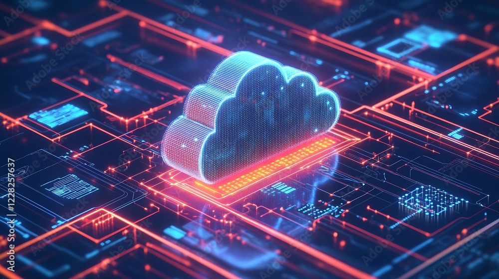 Poster futuristic digital cloud technology concept with neon circuit design : generative ai
