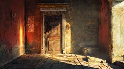 Obraz premium Sunlit Ancient Doorway In A Weathered Building