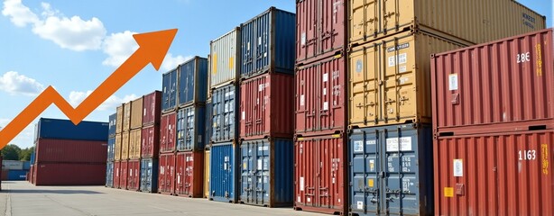 Fototapeta premium Shipping container with upward arrow: Symbol of rising trade volumes, increased imports and exports, and economic growth in global commerce