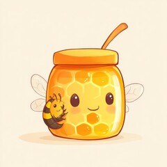 Cute honey jar with bee, honeycomb design, sweet treat, kitchen background, food illustration