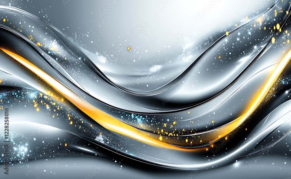 Aufkleber Dynamic Silver and Gold Curved Lines Art with Sparkling Particles for Luxurious Graphic Design Elements : Generative AI