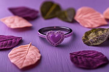 Naklejka premium A stunning purple heart ring nestled among lush leaves, resting on a rich purple background, perfect for expressing love this Valentine's Day.