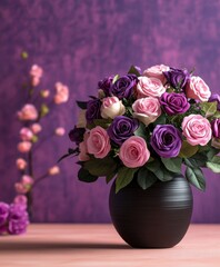Fototapeta premium A stunning arrangement of purple and pink roses elegantly displayed in a sleek black vase, creating a romantic ambiance perfect for Valentine's Day.