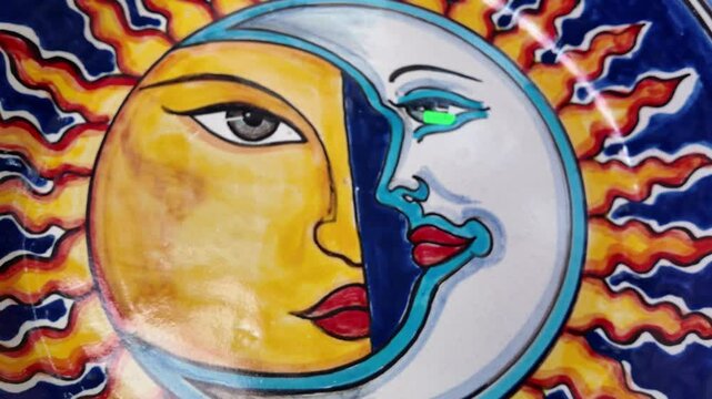 A plate with a sun and a moon on it