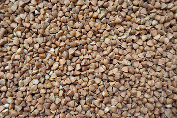 Close-up of raw buckwheat grains. A detailed macro shot of dry brown buckwheat groats, showing their natural texture and triangular shape. Ideal for backgrounds related to agriculture, healthy eating,