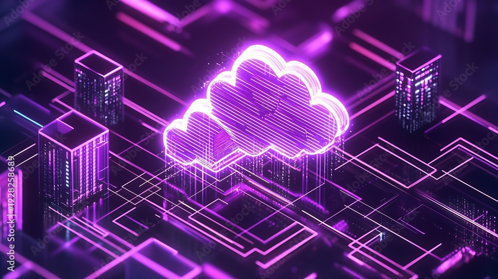 Aufkleber Dynamic and Futuristic Cloud Computing Visualization in a Neon Digital Environment : Generative AI