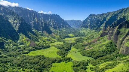 Fototapeta premium Lush Green Valley Surrounded By Majestic Mountains