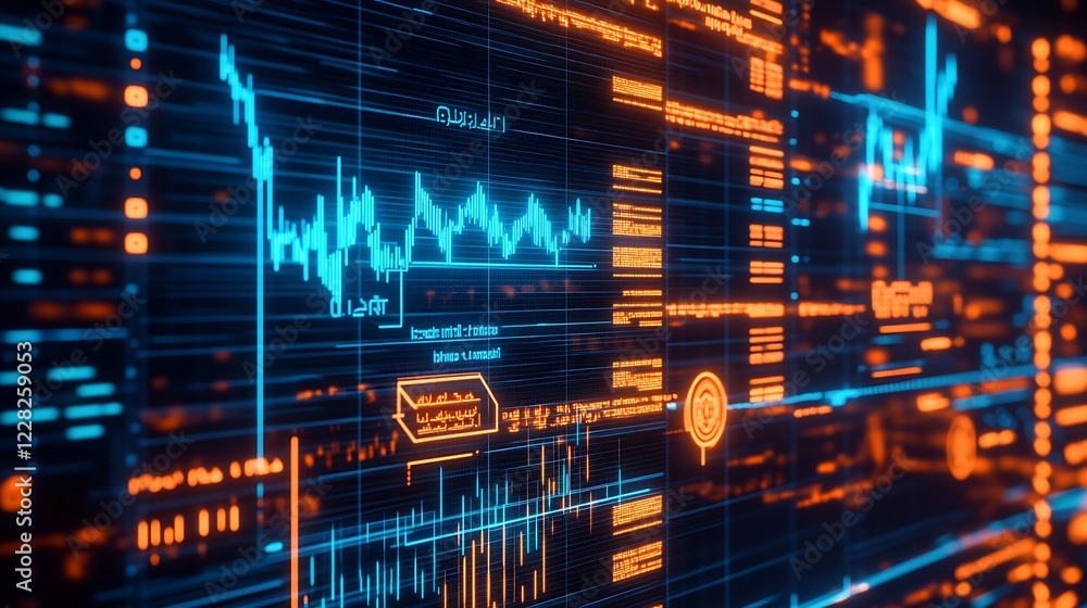 Poster Futuristic Financial Data Visualizations with Digital Graphs and Charts : Generative AI