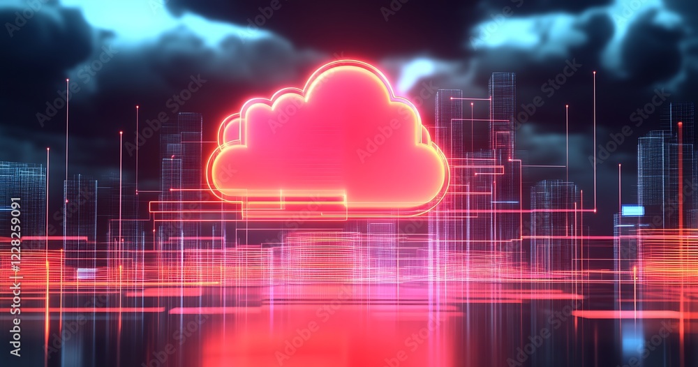 Aufkleber Futuristic Neon Cloud Representing Secure Modern Digital Data Storage : Generative AI