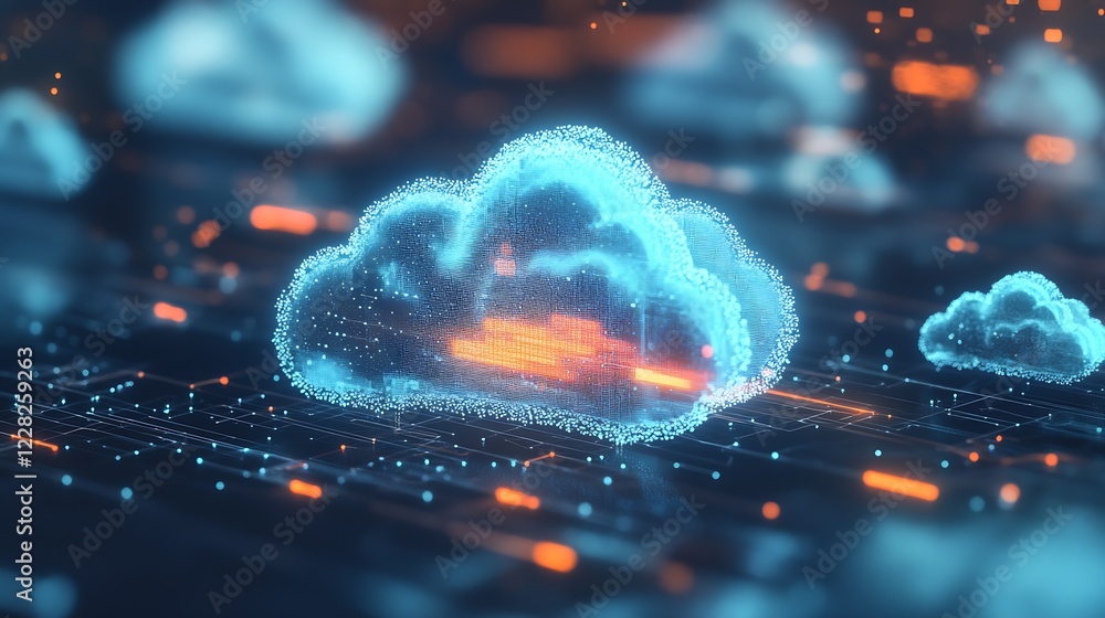Aufkleber Abstract cloud computing with digital data network and glowing connections : Generative AI