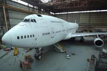 Obraz premium Vintage airplane restoration project in large hangar showcasing a detailed view of an aircraft. Generative AI