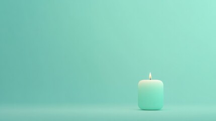 Minimalist candle shines brightly against soothing mint green ba