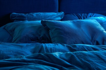 Bed with dark blue bedding and fluffy dark blue pillows. Neural network ai generated