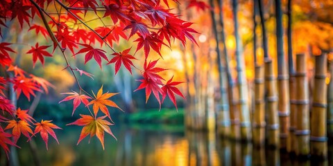 Minimalist Japanese Garden: Red Maple Leaves & Bamboo