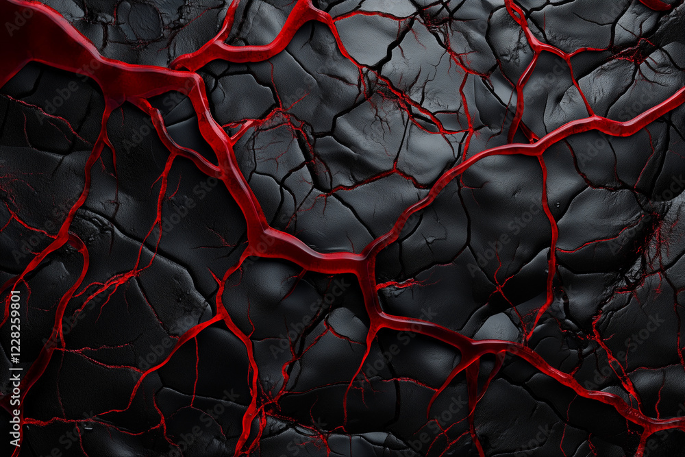 Poster close up of a black and red rock with red splatters. the rock appears to be broken and has a rough t