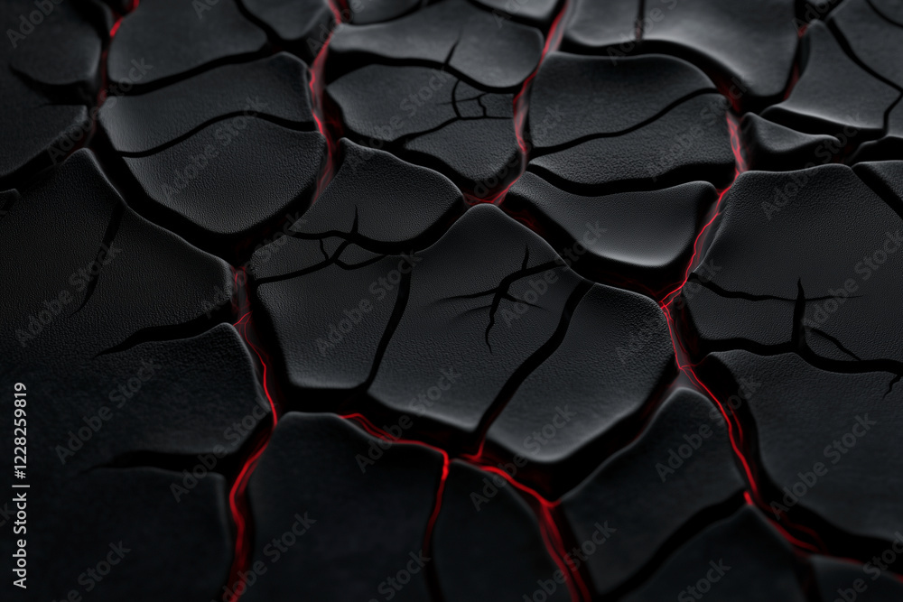 Poster close up of a black and red rock with cracks and holes. the image has a dark and ominous mood, with 