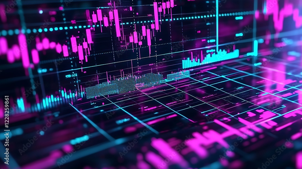 Poster Close-up of Economic Data Visualization with Pink and Blue Graphs : Generative AI