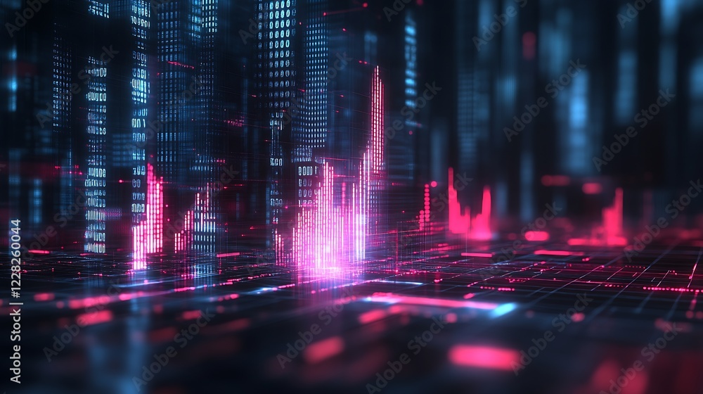 Poster High-Tech Cyber Grid with Pink and Blue Glowing Data Visualizations : Generative AI
