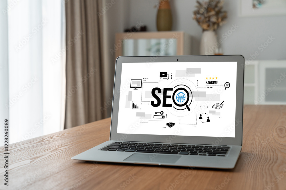 Poster seo search engine optimization for modish e-commerce and online retail business showing on computer 