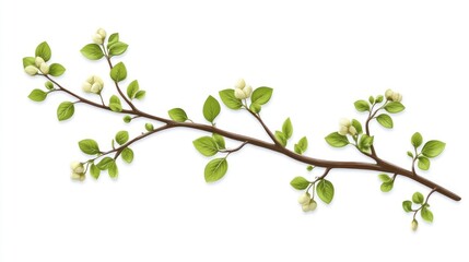 A blossoming branch with delicate white flowers and green leaves