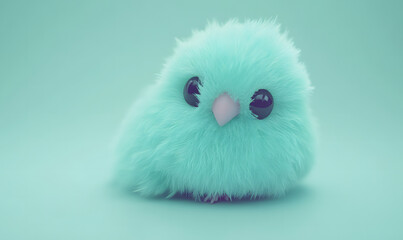 Fototapeta premium Soft turquoise fluffy bird with oversized eyes resting on a pastel background