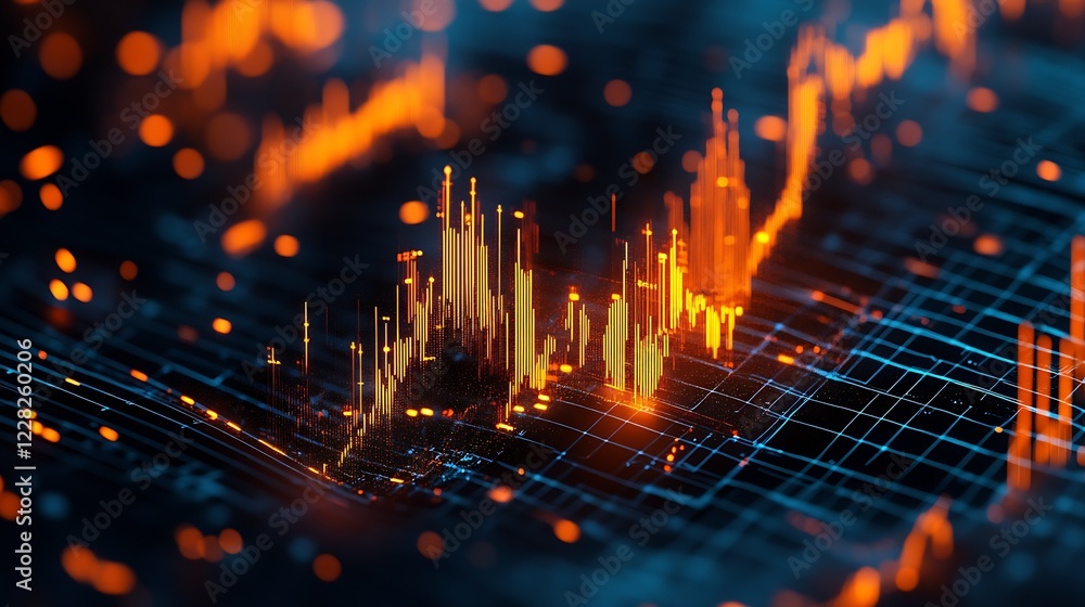 Aufkleber abstract financial analytics graph with glowing neon bar charts and grid : generative ai
