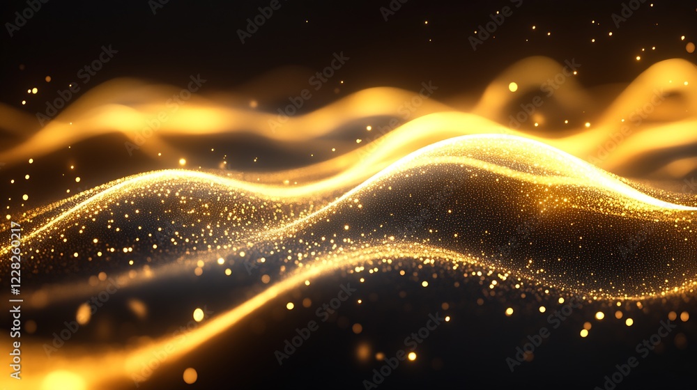 Poster shimmering golden waves with dynamic radiance and breathtaking light flow : generative ai