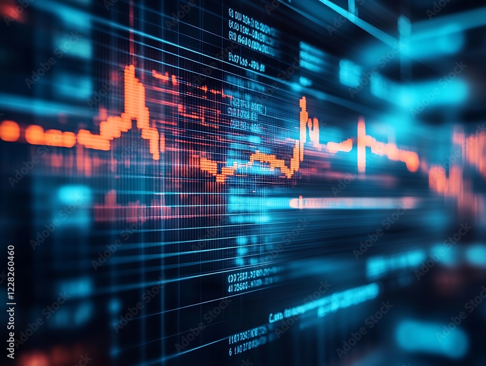 Poster abstract financial technology background with dynamic data visualization in blue and orange : genera