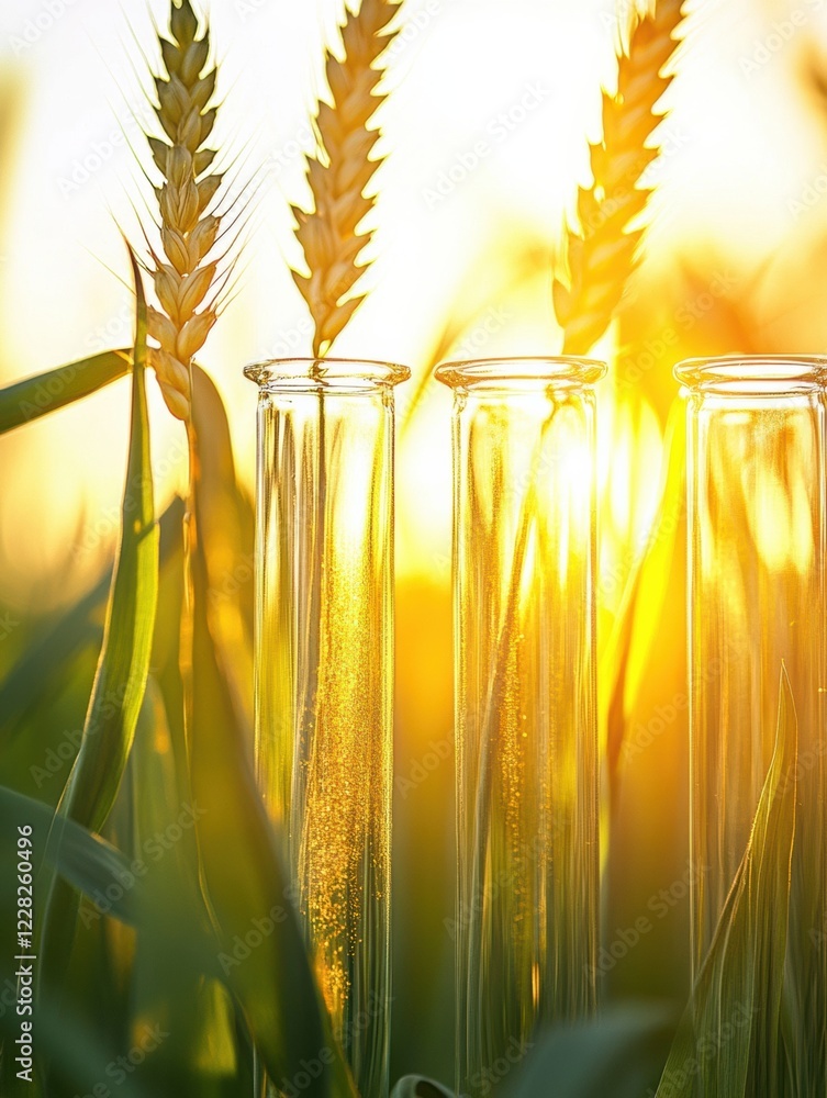 Poster Sunset rays illuminating wheat ears and test tubes in a golden field setting. Generative AI