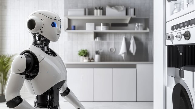 A humanoid robot performing routine maintenance tasks in a modern utility room, with a focus on the robot’s efficiency and clean surroundings, Practical style