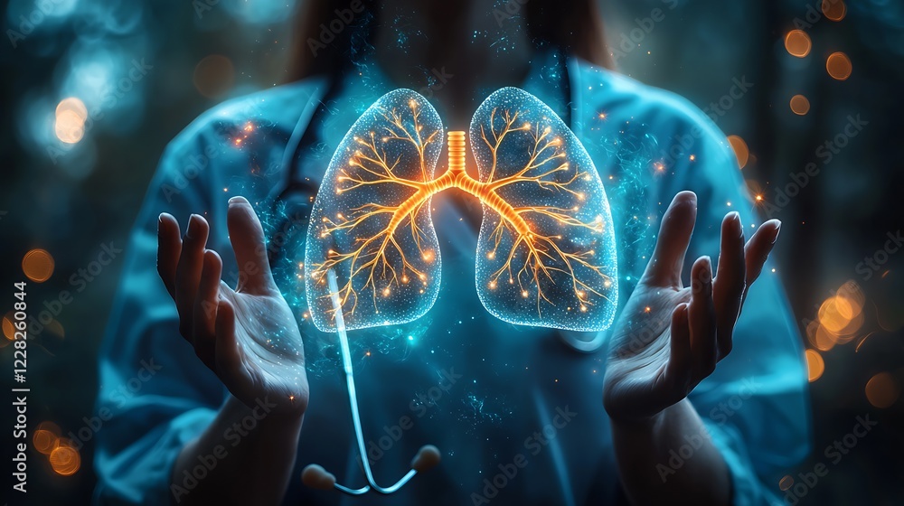Poster futuristic 3d render of human respiratory system hologram in medical context : generative ai
