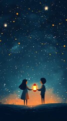 Obraz premium Two Children Sharing Lantern Light Under Starry Night