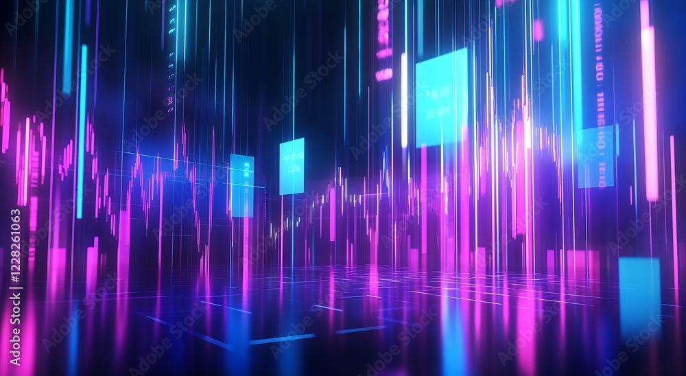 Aufkleber futuristic neon financial data visualization with glowing bars : generative ai