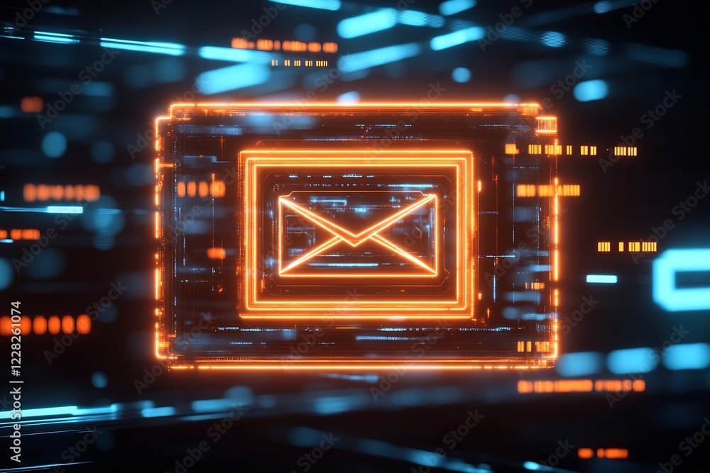 Poster Glowing Cyberpunk Neon Mail Icon in a Digital Matrix Environment : Generative AI