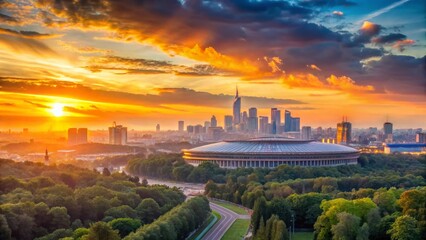 Fototapeta premium Minimalist Moscow Sunset Panorama: Vorobyovy Gory & Luzhniki Stadium Timelapse