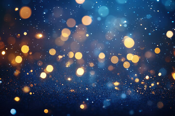Golden Bokeh and Glowing Particles on Blue Background with Shimmering Lights for Festive, Elegant, and Celebration Designs