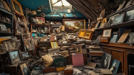 A cluttered attic overflowing with antique paintings and frames