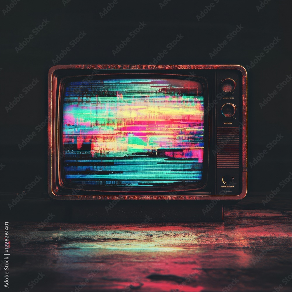 Leinwandbilder Retro television screen displays vibrant static noise and colorful glitch patterns in dimly lit room. Generative AI