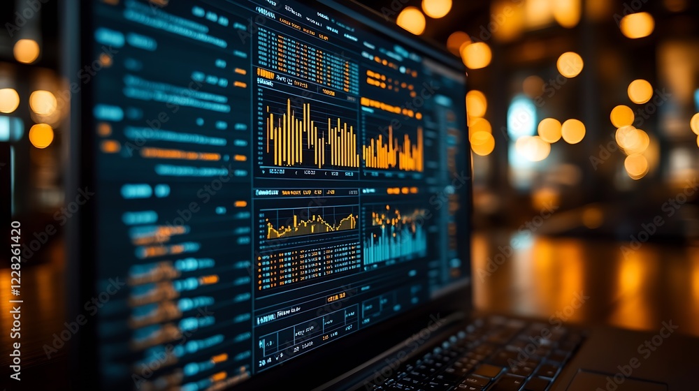 Aufkleber High-Tech Financial Display with Statistical Charts and Glowing Interface : Generative AI