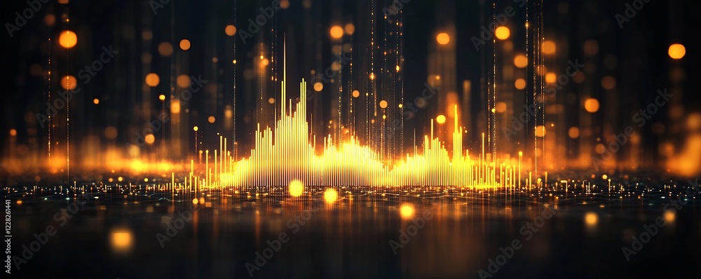 Poster Digital Art Sound Wave Waveform on Dark Background with Gold Emphasis : Generative AI