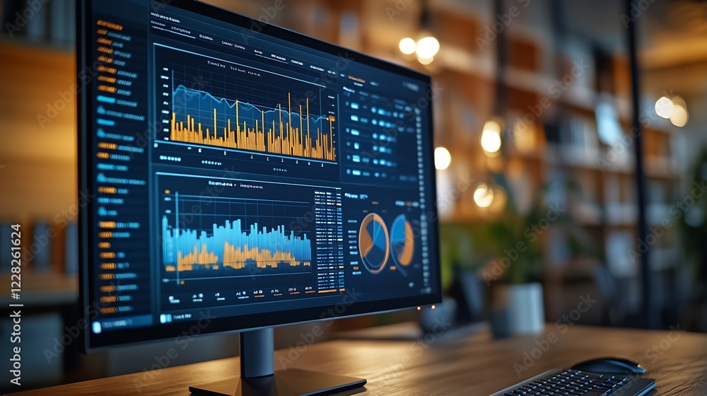 Poster Modern Workspace with Data Analytics Computer Screen in Cozy Office Environment : Generative AI