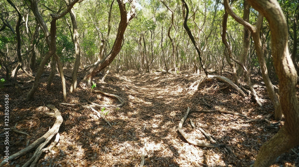 Poster Sunlit Forest Path Winding Through Twisted Trees
