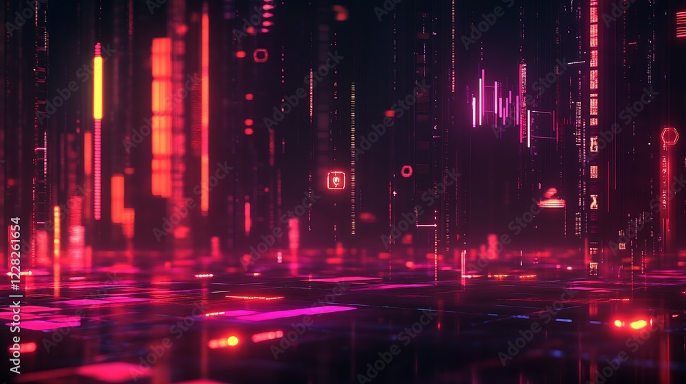 Poster futuristic neon digital matrix with glowing red and pink lights : generative ai