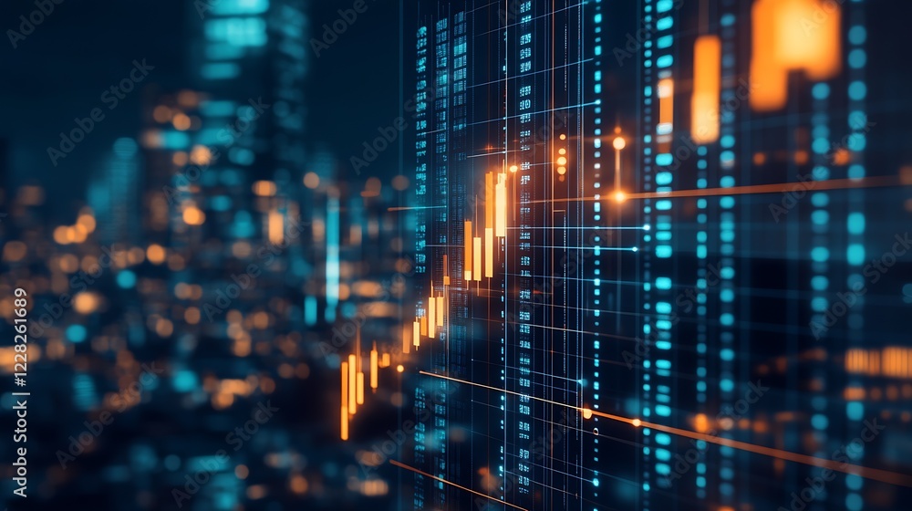 Leinwandbilder dynamic financial data analysis with blurred citylight background : generative ai