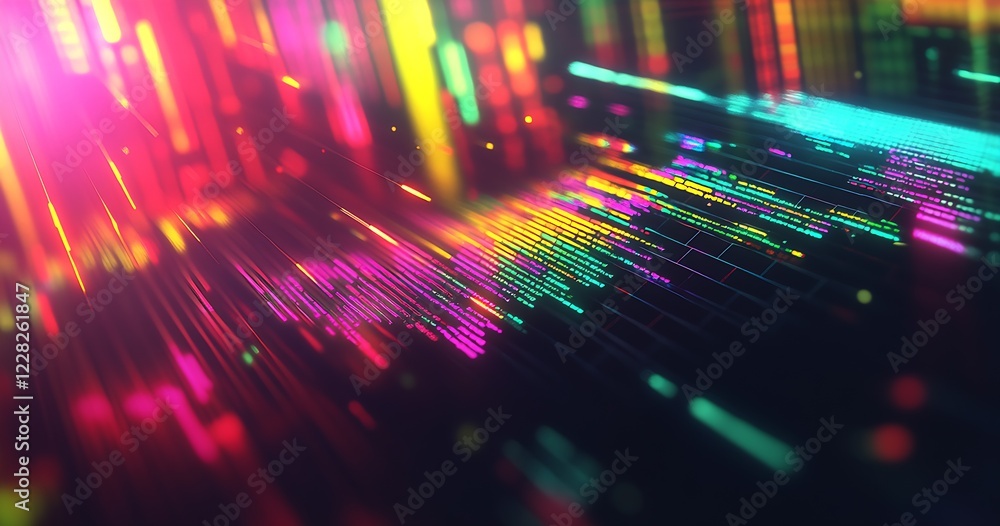 Poster Vibrant Abstract Digital Data Motion in Futuristic Neon Light Lines Background : Generative AI