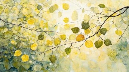 Abstract Painting of Yellow and Green Leaves on Branches