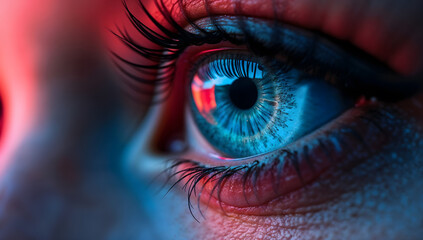 Extreme closeup of an eye glowing with vibrant colors and intricate details, cyberpunk style