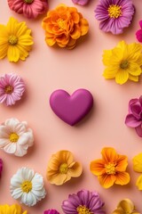 Obraz premium A vibrant bouquet of flowers encircles a delicate heart, set against a soft pink backdrop, embodying the essence of love and romance on Valentine's Day.