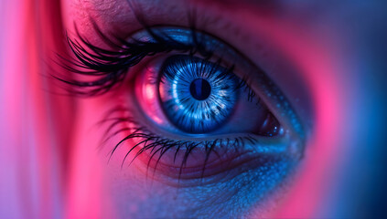 Extreme closeup of an eye glowing with vibrant colors and intricate details, cyberpunk style