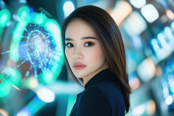 Confident young Asian woman discusses cybersecurity protocols with diverse team in high-tech office environment